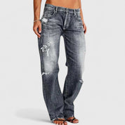 Cassandra Villemorin | Low Rise Distressed Straight Leg Jeans in Light Blue