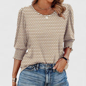 Corinthia Velbray | White Smocked Cuff 3/4 Sleeve Crew Neck Top