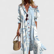 Théodeline Sancourt | Blue Leaf Print Boho Midi Shirt Dress
