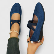 Marguerite Lasserre | Black Suede Cross-Strap Wedge Flats
