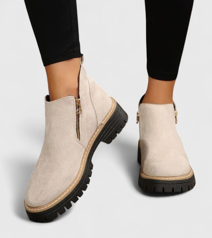 Elaine Fontverde | Black Suede Ankle Boots with Gold Zip