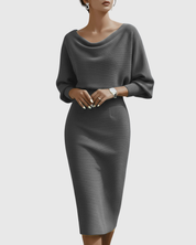 Elaine Fontcourt | Black Ribbed Cowl Neck Batwing Midi Dress