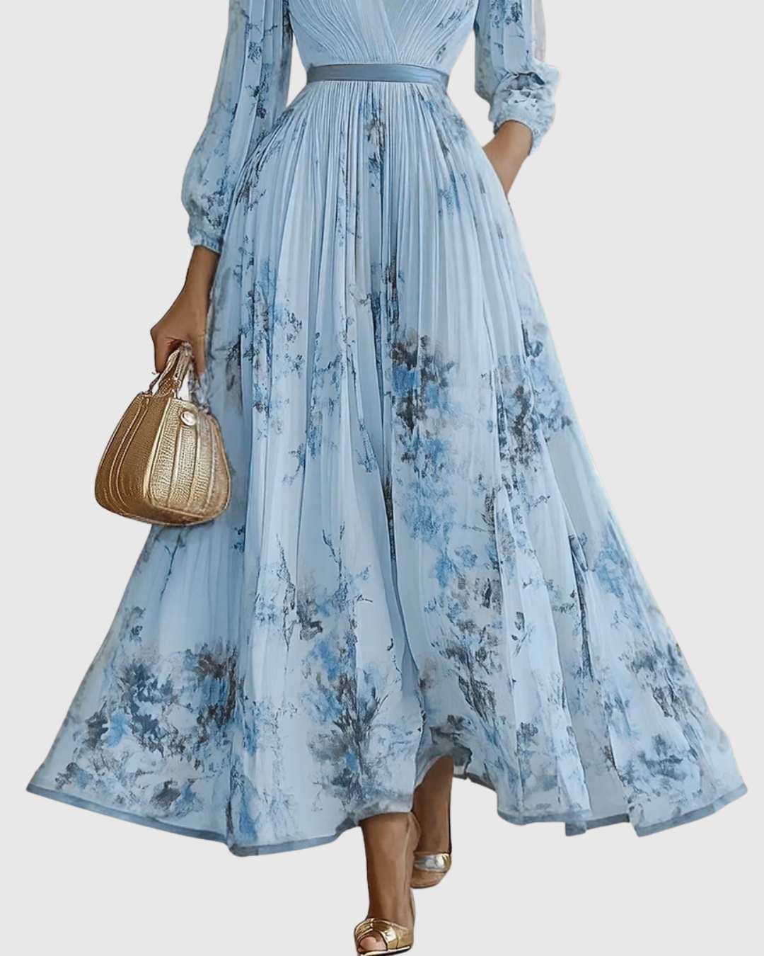 Édith Ravencombe | Floral Pleated Midi Dress with Deep V-Neck