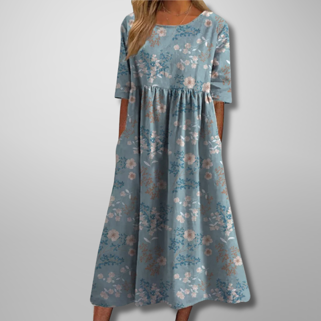 Aurelie Vosclaire | Blue Floral Midi Dress with 3/4 Sleeves