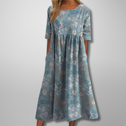 Aurelie Vosclaire | Blue Floral Midi Dress with 3/4 Sleeves