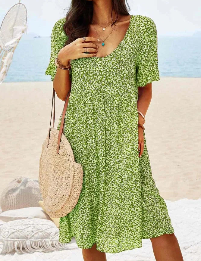 Coralie Vanbright | Blue Ditsy Floral Flutter Sleeve Smock Midi Dress