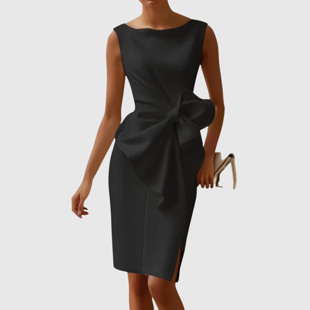 Aurienne Blackwell | Black Sleeveless Boat Neck Midi Dress with Bow