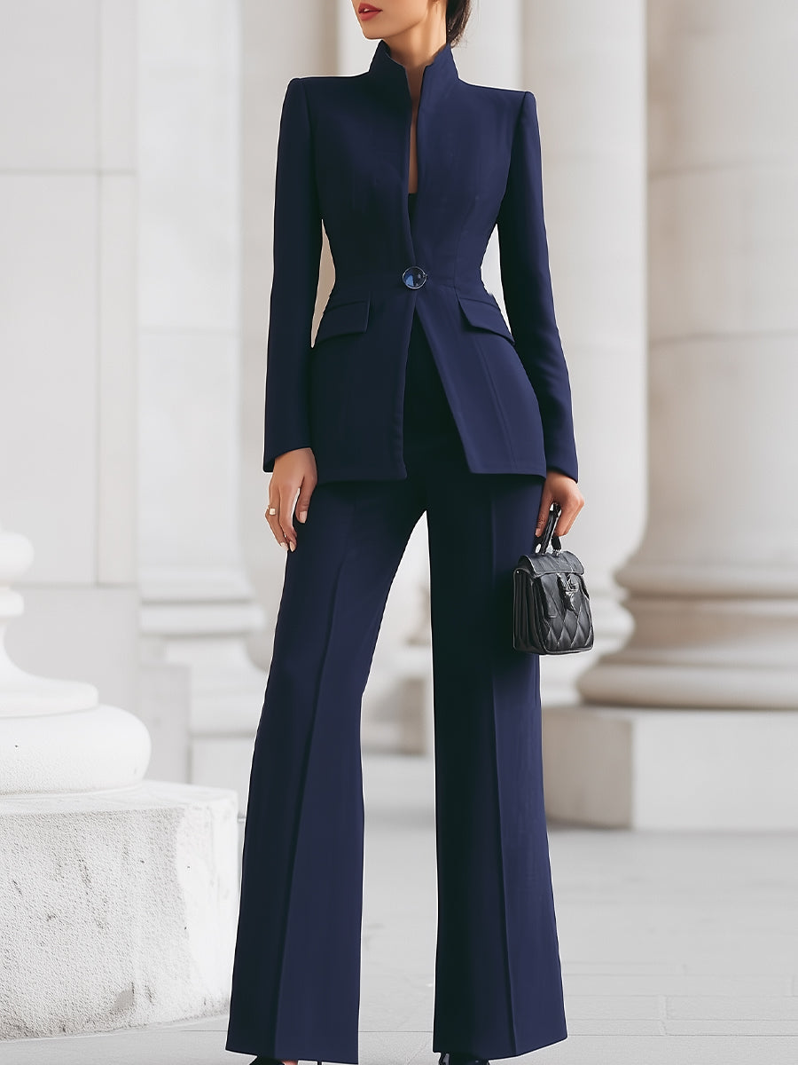 Celestine Vauvray | Navy Blue Stand Collar Blazer & Wide Leg Pants Two-Piece Set