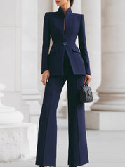 Celestine Vauvray | Navy Blue Stand Collar Blazer & Wide Leg Pants Two-Piece Set
