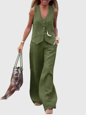 Céline Beauvernet | Khaki Linen-Look Wide-Leg Two-Piece Vest Set