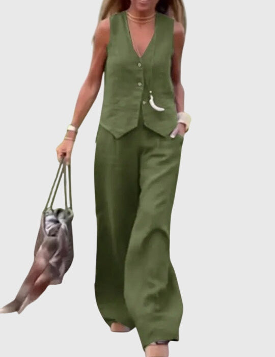 Céline Beauvernet | Khaki Linen-Look Wide-Leg Two-Piece Vest Set