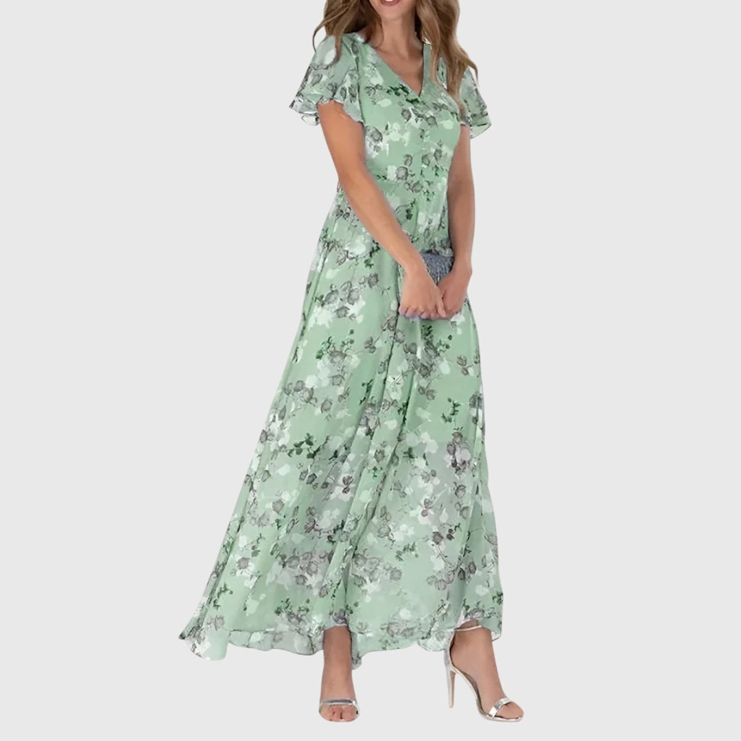 Aurienne Bellefort | Peach Floral Maxi Dress with Flutter Sleeves