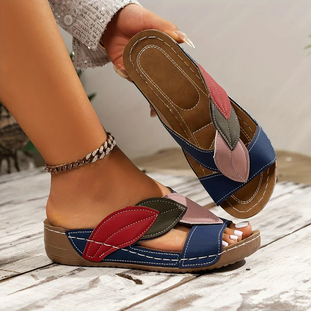 Natasha Bellemore | Colorblock Leaf Appliqué Slip-On Wedge Sandals
