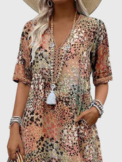 Celestine Dawnmere | Boho Floral Midi Dress with V-Neck