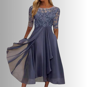 Vivienne Stonehart | Elegant Blue Lace Midi Dress with Chiffon Skirt