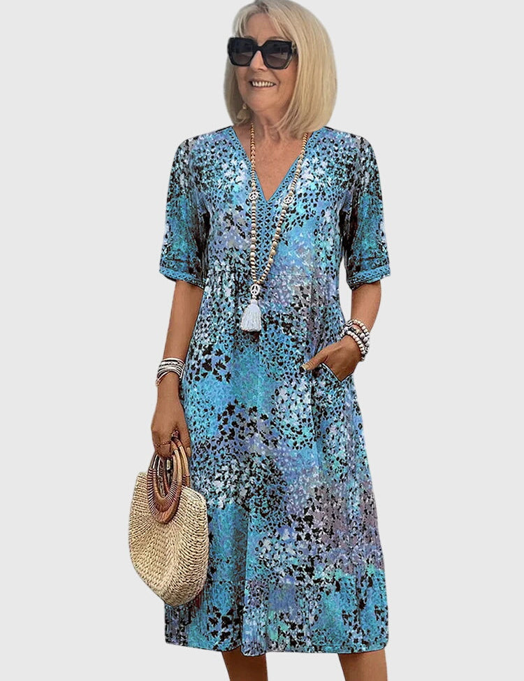 Celestine Dawnmere | Boho Floral Midi Dress with V-Neck