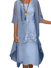 Marguerite Ashvale | Floral Lace Layered Sheer Sleeve Midi Dress