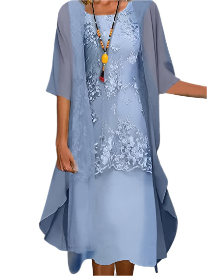 Marguerite Ashvale | Floral Lace Layered Sheer Sleeve Midi Dress