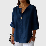 Solange Winterbourne | Linen V-Neck Blouse with Single-Button Closure