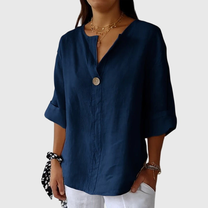 Solange Winterbourne | Linen V-Neck Blouse with Single-Button Closure
