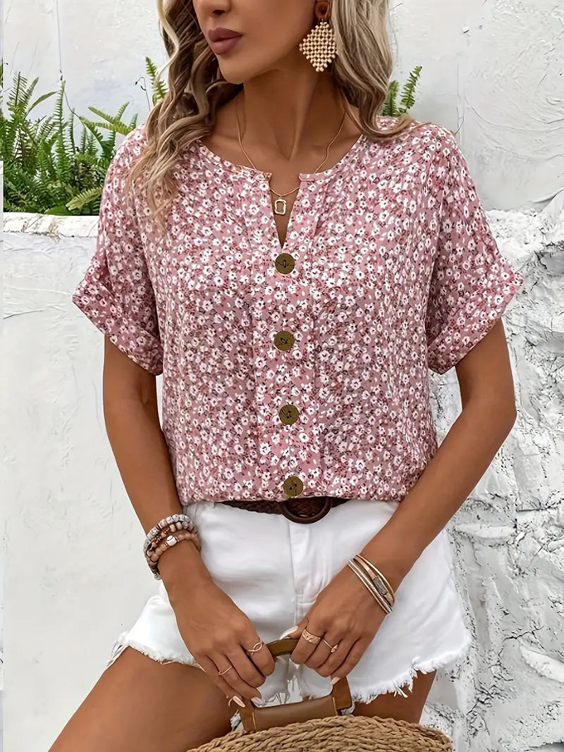 Rosette Hargreaves | Pink Floral Print Button-Up Blouse