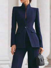Celestine Vauvray | Navy Blue Stand Collar Blazer & Wide Leg Pants Two-Piece Set