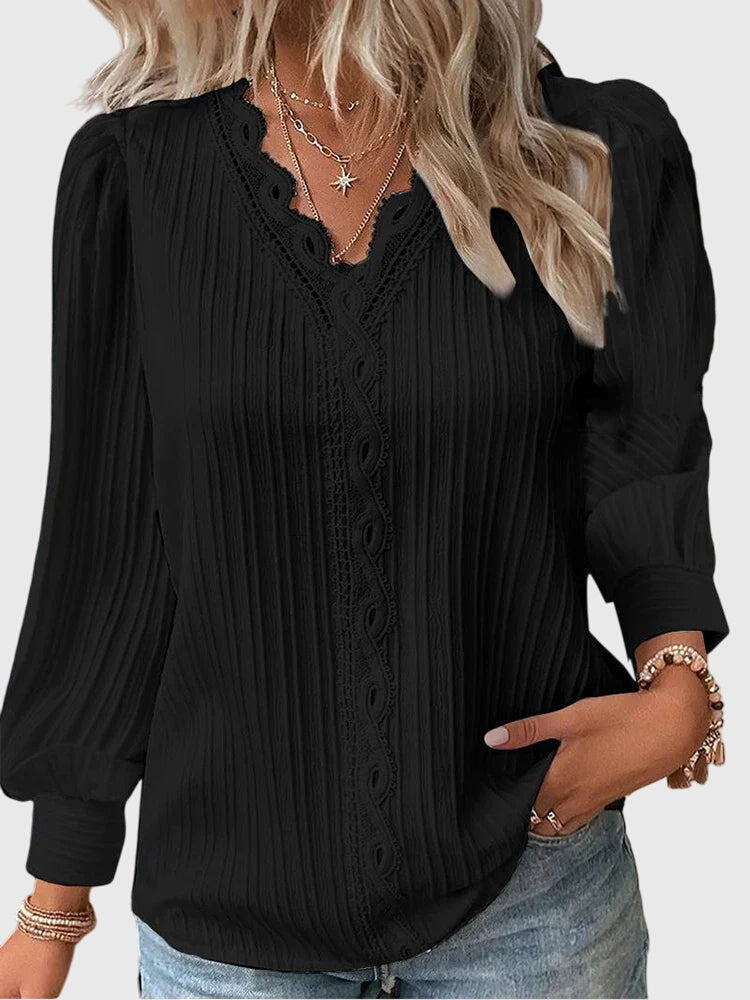 Amélie Chanteclair | Yellow Lace Trim V-Neck Long Sleeve Blouse