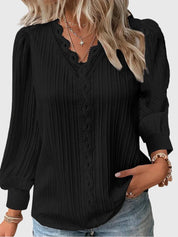 Amélie Chanteclair | Yellow Lace Trim V-Neck Long Sleeve Blouse
