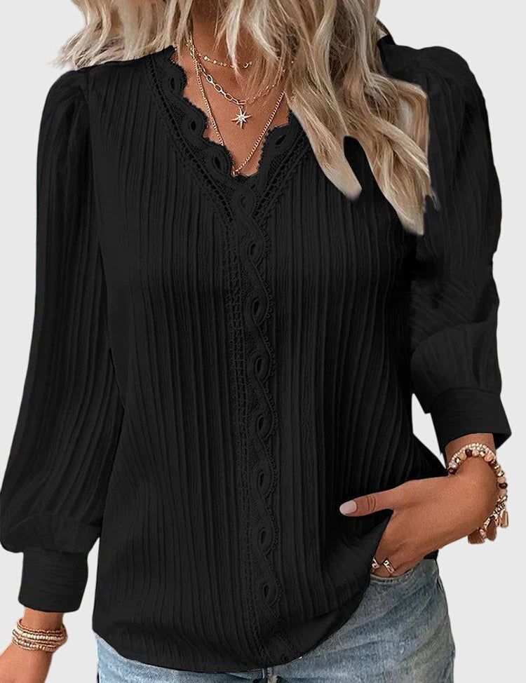 Amélie Chanteclair | Yellow Lace Trim V-Neck Long Sleeve Blouse