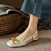 Mirielle Fonsworth | Navy Blue Suede Slingback Sandals with Gold Buckle