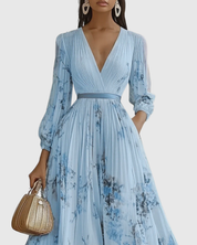 Édith Ravencombe | Floral Pleated Midi Dress with Deep V-Neck