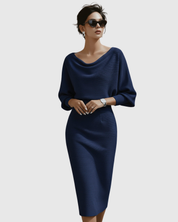 Elaine Fontcourt | Black Ribbed Cowl Neck Batwing Midi Dress