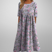 Aurelie Vosclaire | Blue Floral Midi Dress with 3/4 Sleeves