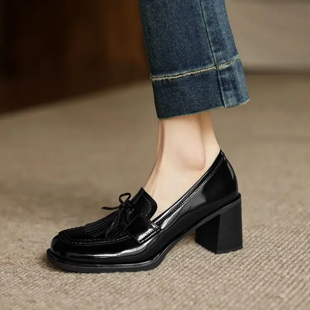 Rosalba Fontaine | Black Patent Tassel Loafer Block Heel Pump
