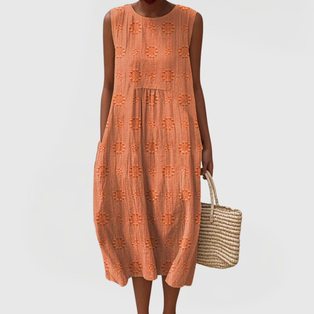 Mirabel Fontaineaux | Green Embroidered Sleeveless Midi Dress with Pockets