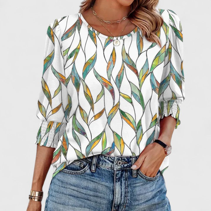Corinthia Velbray | White Smocked Cuff 3/4 Sleeve Crew Neck Top