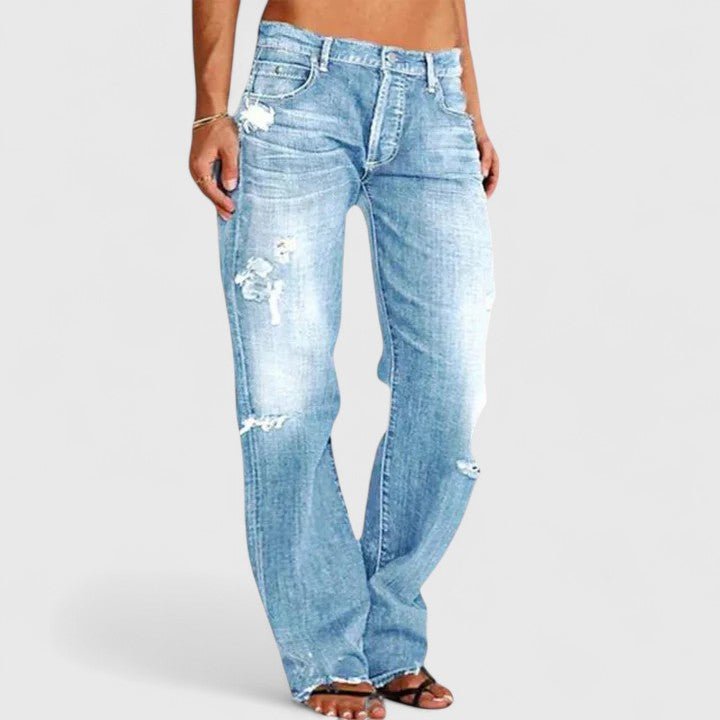 Cassandra Villemorin | Low Rise Distressed Straight Leg Jeans in Light Blue