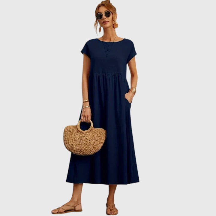 Théodeline Whitmore | Navy Blue Cap Sleeve Midi Dress with Pockets