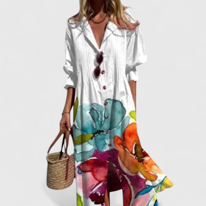 Théodeline Sancourt | Blue Leaf Print Boho Midi Shirt Dress