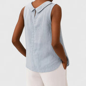 Isabelle Tournier | Sleeveless Linen Roll Collar Top in Blue