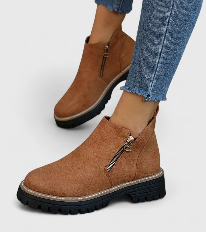 Elaine Fontverde | Black Suede Ankle Boots with Gold Zip