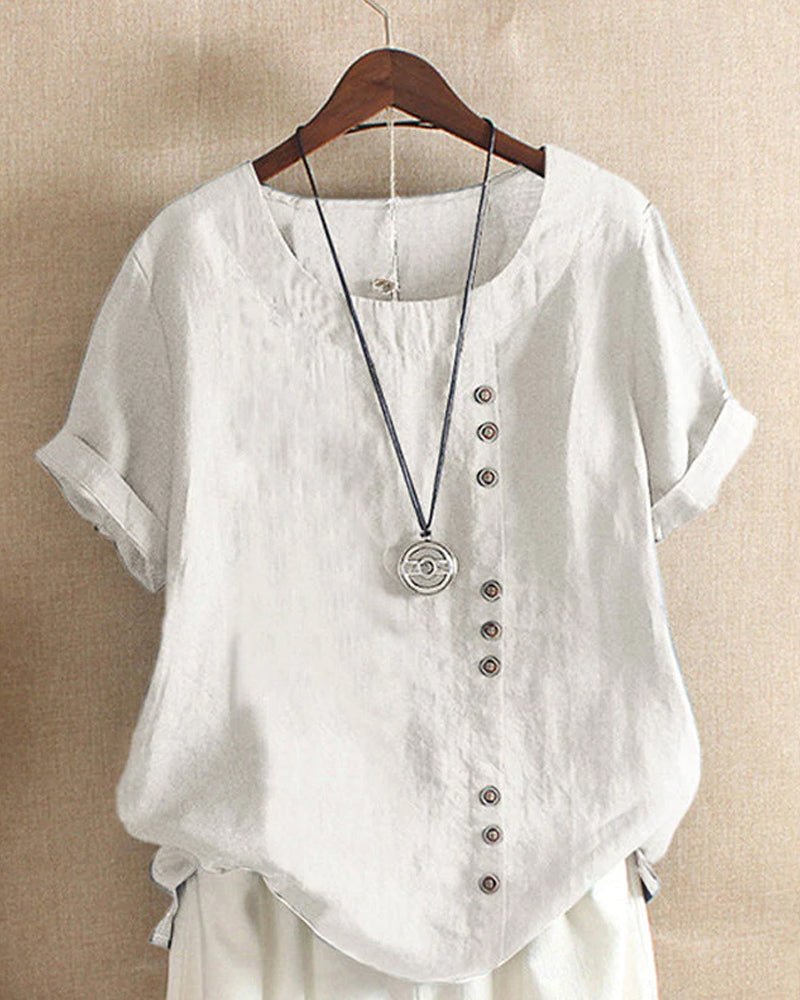 Margot Villeneuve | Pink Linen Button Front Crew Neck Short Sleeve Top