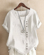 Margot Villeneuve | Pink Linen Button Front Crew Neck Short Sleeve Top