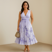 Séraphine Montclaire | Flowy Sleeveless Floral Midi Dress with V-Neck