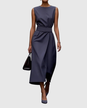 Isabeau Cavendish | Rust Brown Sleeveless Midi Dress with Waist Sash