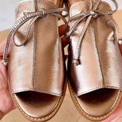 Serephina Valthorpe | Pewter Metallic Open-Toe Flat Sandals with Bow Strap