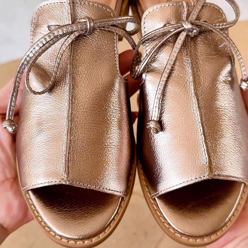 Serephina Valthorpe | Pewter Metallic Open-Toe Flat Sandals with Bow Strap