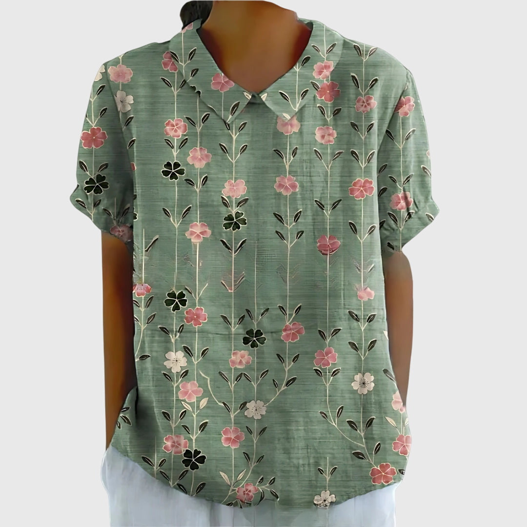 Colette Vaudrenne | Green Floral Print Short Sleeve Blouse