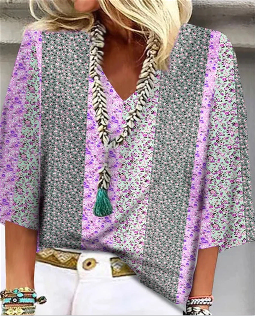 Colette Fairmantle | Ditsy Floral Patchwork V-Neck 3/4 Sleeve Top