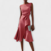 Celestine Beauvray | Red Sleeveless Asymmetric Draped Midi Dress